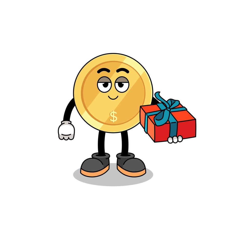 dollar coin mascot illustration giving a gift vector