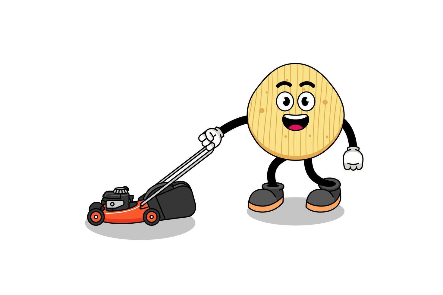 potato chip illustration cartoon holding lawn mower vector