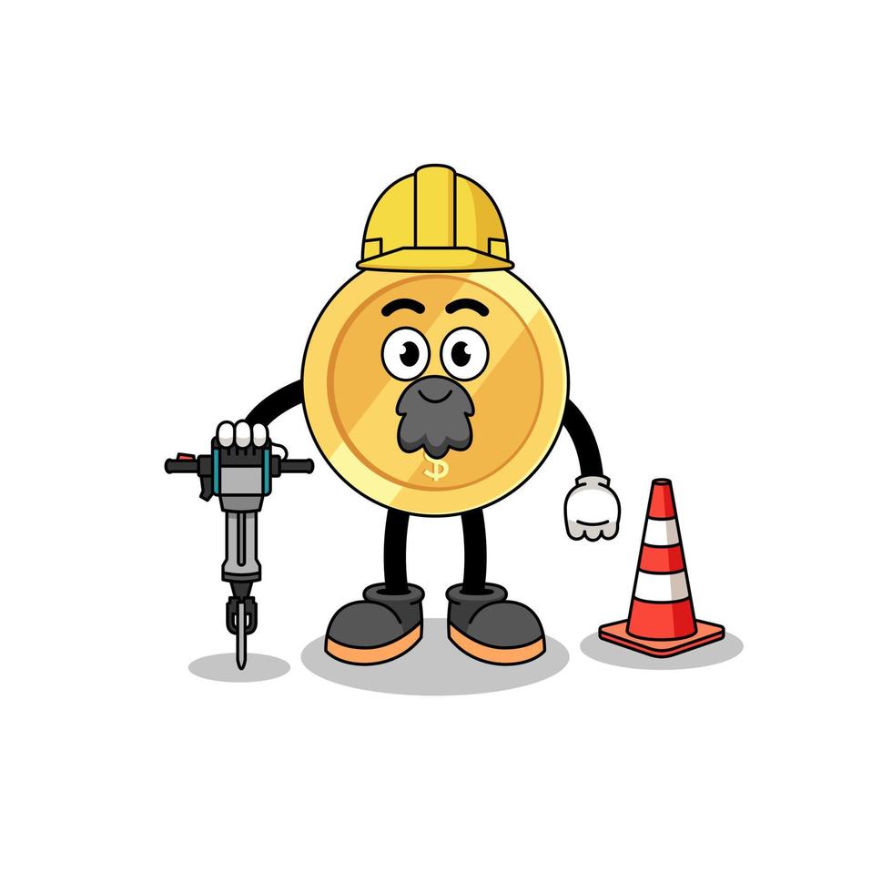 Character cartoon of dollar coin working on road construction vector