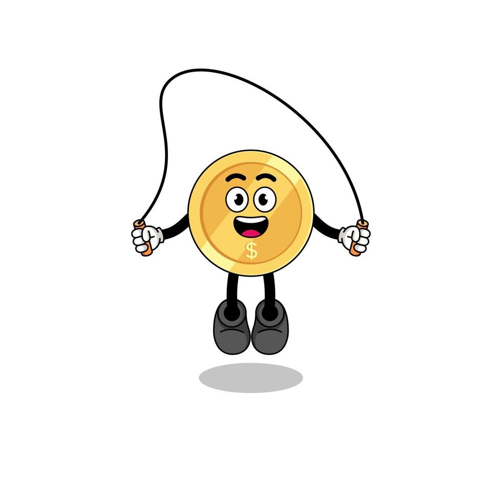 dollar coin mascot cartoon is playing skipping rope vector