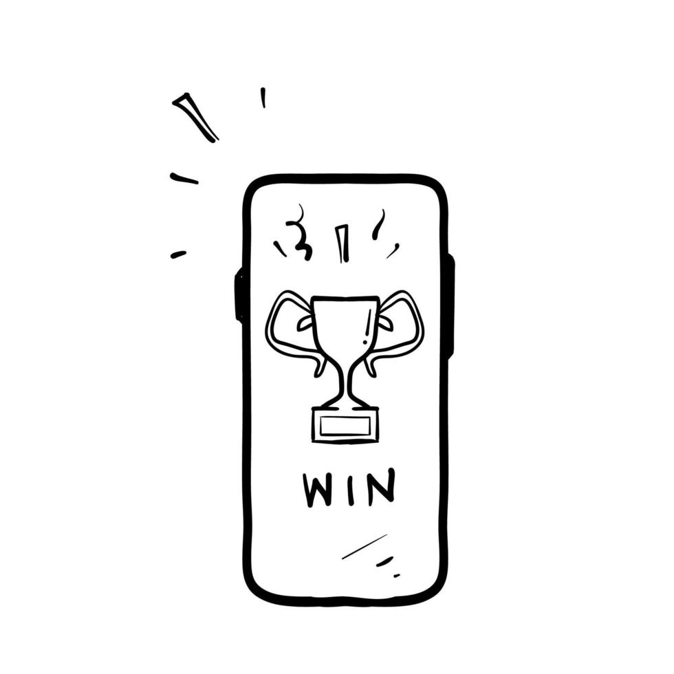 hand drawn doodle smartphone and trophy illustration symbol for winner isolated vector