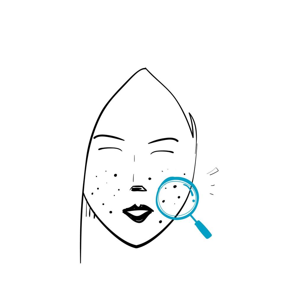 dibujado a mano doodle acné y lupa ilustración icono aislado vector