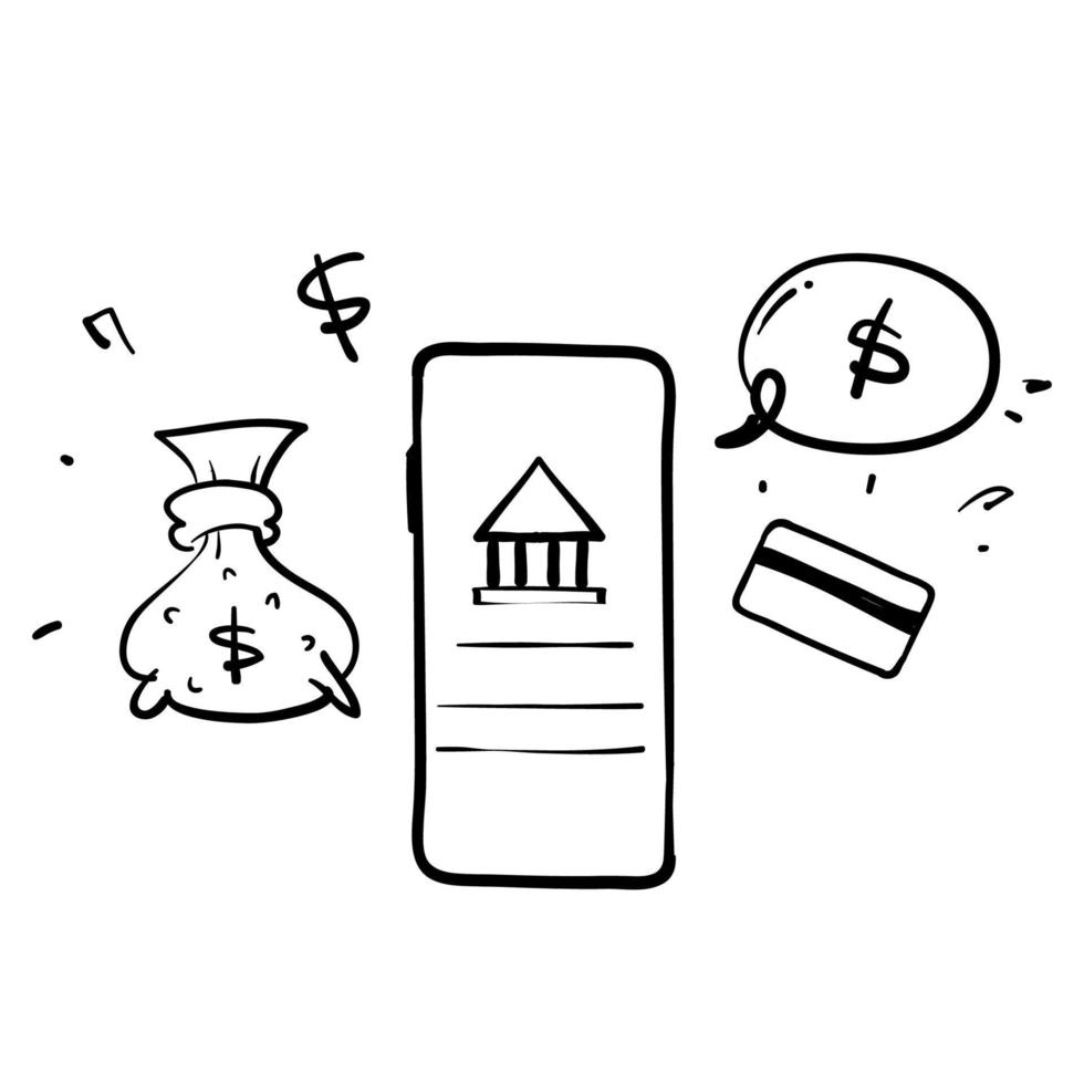 hand drawn doodle mobile banking concept illustration vector isolated