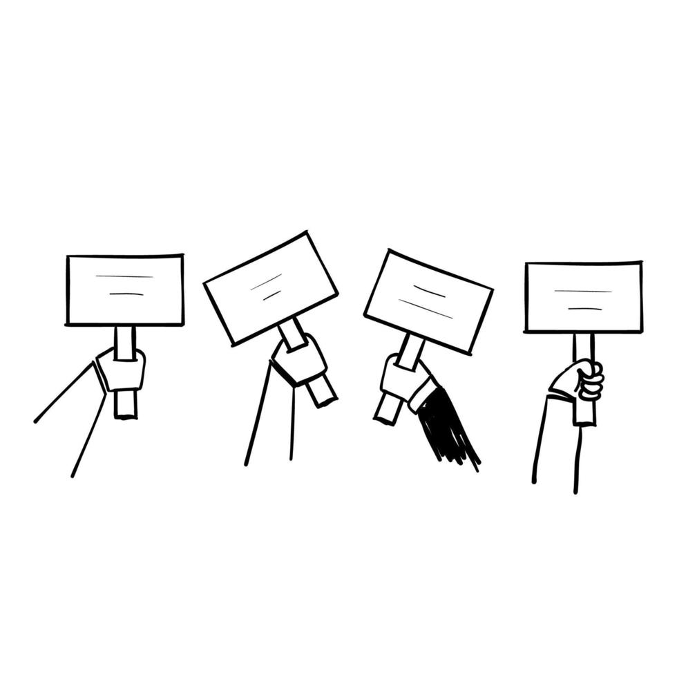 hand drawn doodle hand raised up with paper or placard symbol for voting process, bidding icon vector