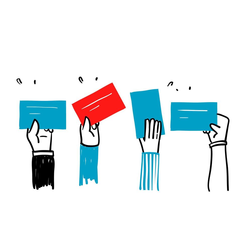 hand drawn doodle hand raised up with paper or placard symbol for voting process, bidding icon vector
