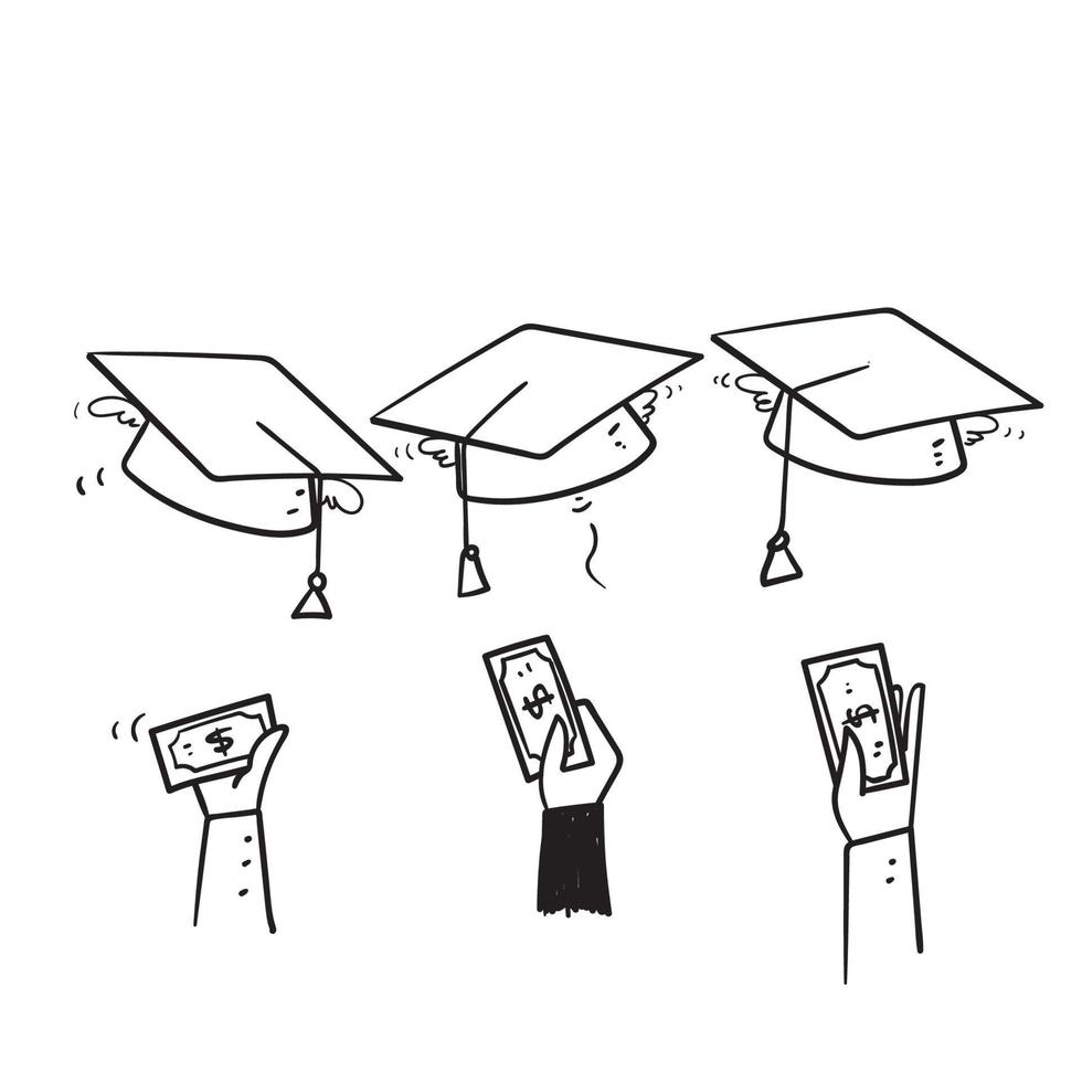 dinero de garabato dibujado a mano y símbolo de ilustración de sombrero de graduación para icono de matrícula aislado vector