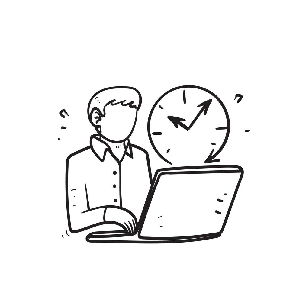 persona de negocios de fideos dibujada a mano que trabaja en una computadora portátil con símbolo de reloj para el vector de ilustración de trabajo de horario flexible