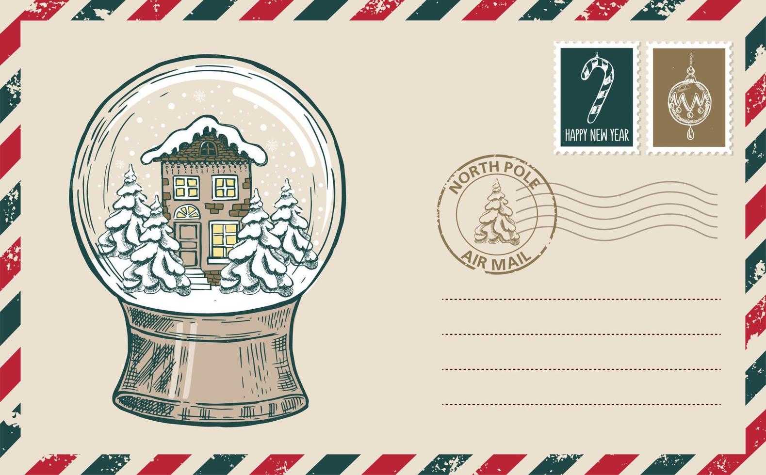 correo de navidad, postal, ilustración dibujada a mano. vector