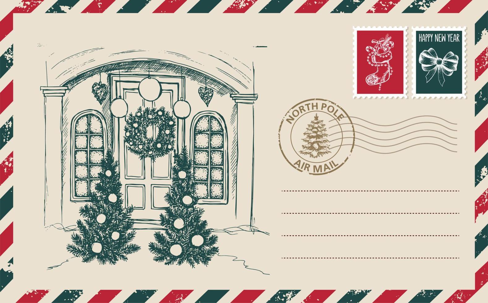 correo de navidad, postal, ilustración dibujada a mano. vector