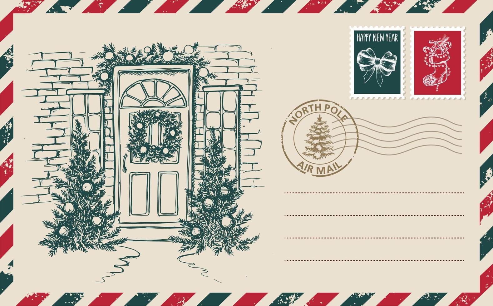 correo de navidad, postal, ilustración dibujada a mano. vector