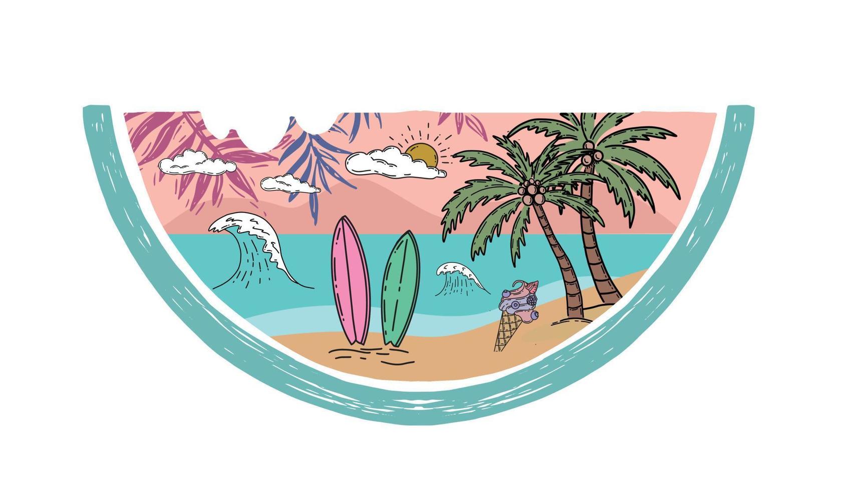 Panorama of sea and beach on watermelon. vector