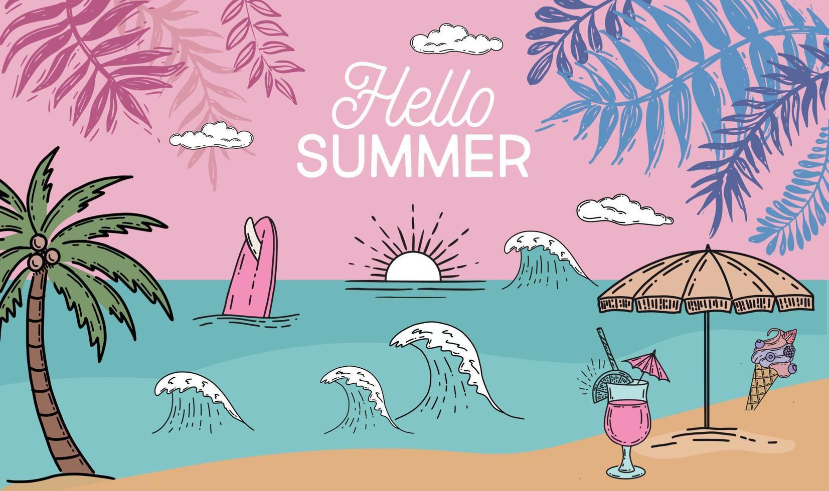 Summer icon set, hand drawn illustration. vector