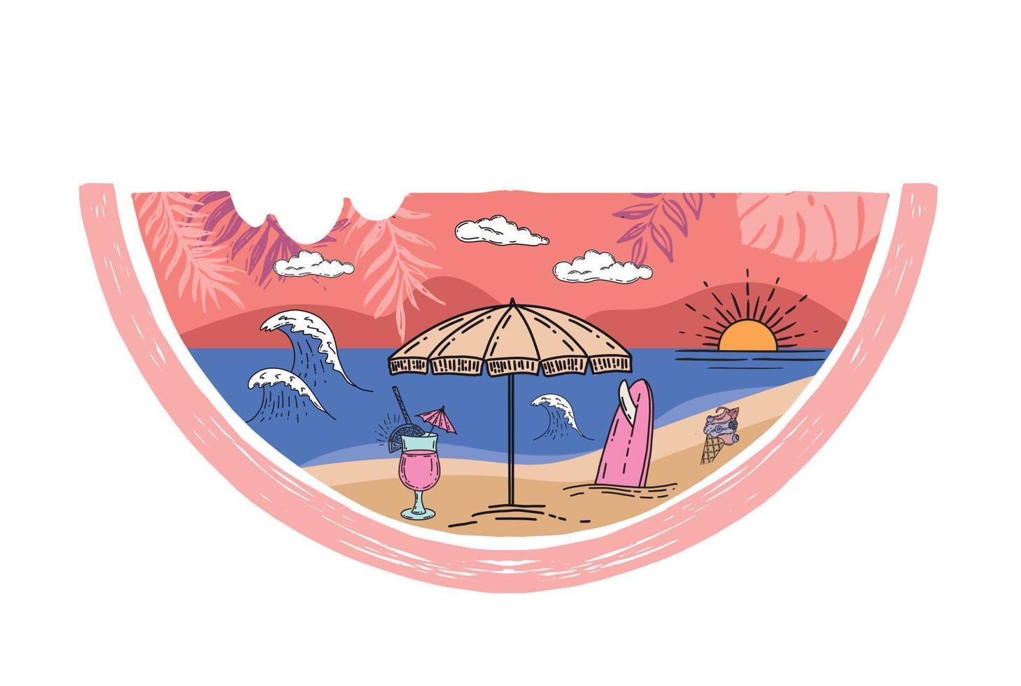 Panorama of sea and beach on watermelon. vector