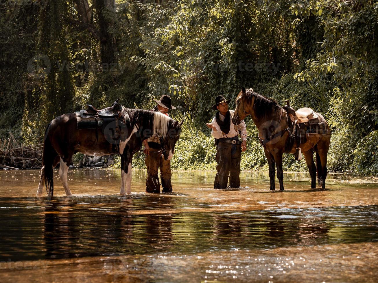 los vaqueros mayores y jóvenes se paran para bañar a sus caballos en un arroyo forestal foto