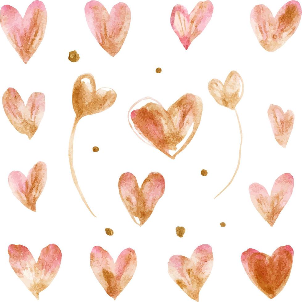 Light pink and golden hearts and dots. Romantic set of traced watercolor elements vector