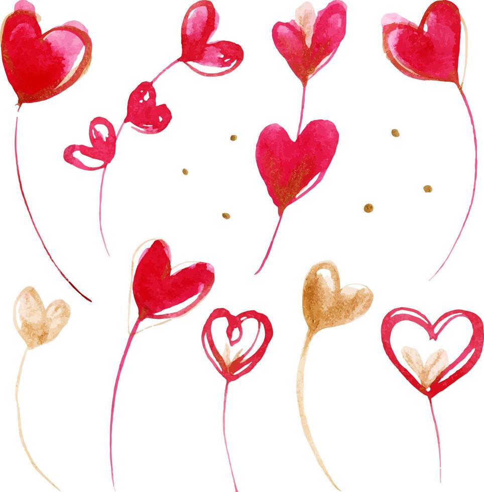 Pink and golden hearts and dots. Romantic set of traced watercolor elements vector