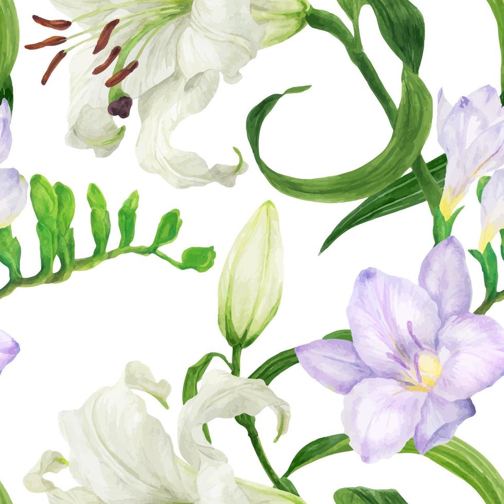 Lily and freesia flowers traced watercolor seamless pattern vector