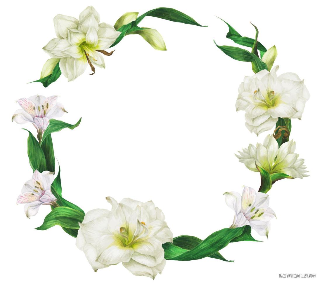 Bridal round shape wreath with white flowers, realistic traced watercolor illustration vector