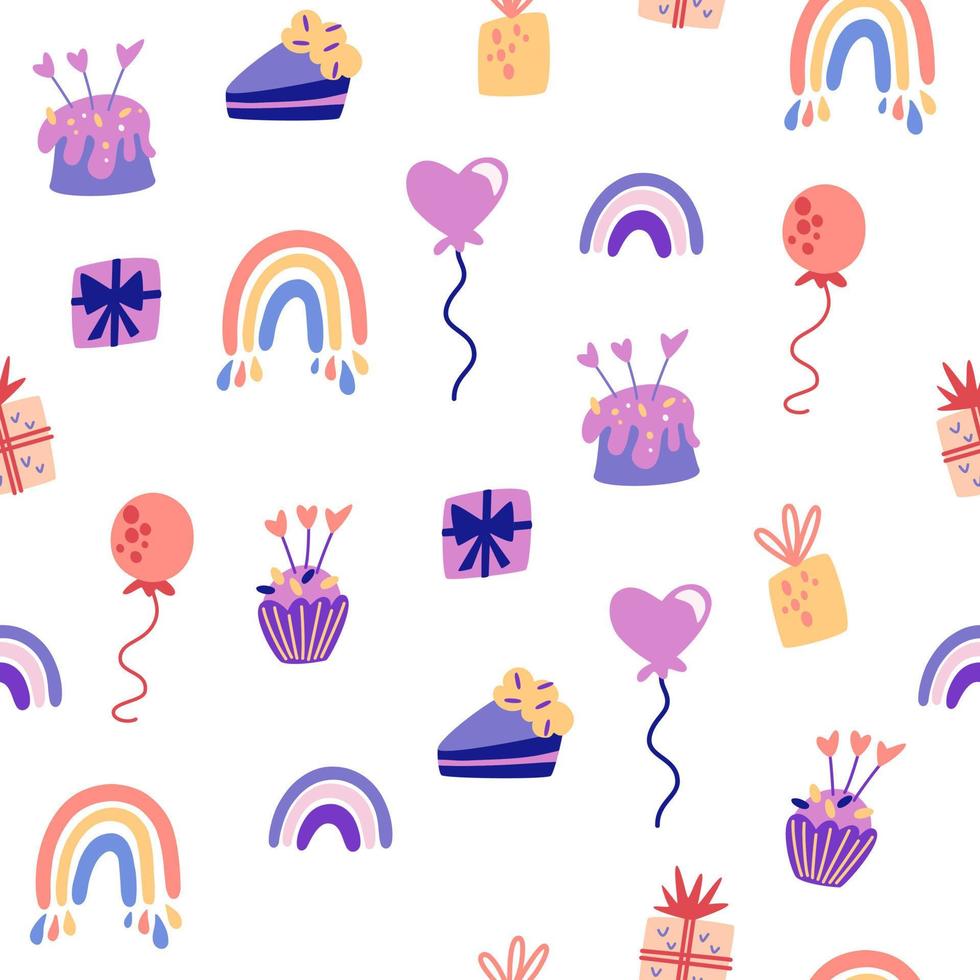 pastel de cumpleaños y globos de patrones sin fisuras. elementos de fiesta, globo, pastel, vela, sombrero. bueno para la decoración de fiestas infantiles. genial para tela, textil. ilustración de dibujos animados de vectores