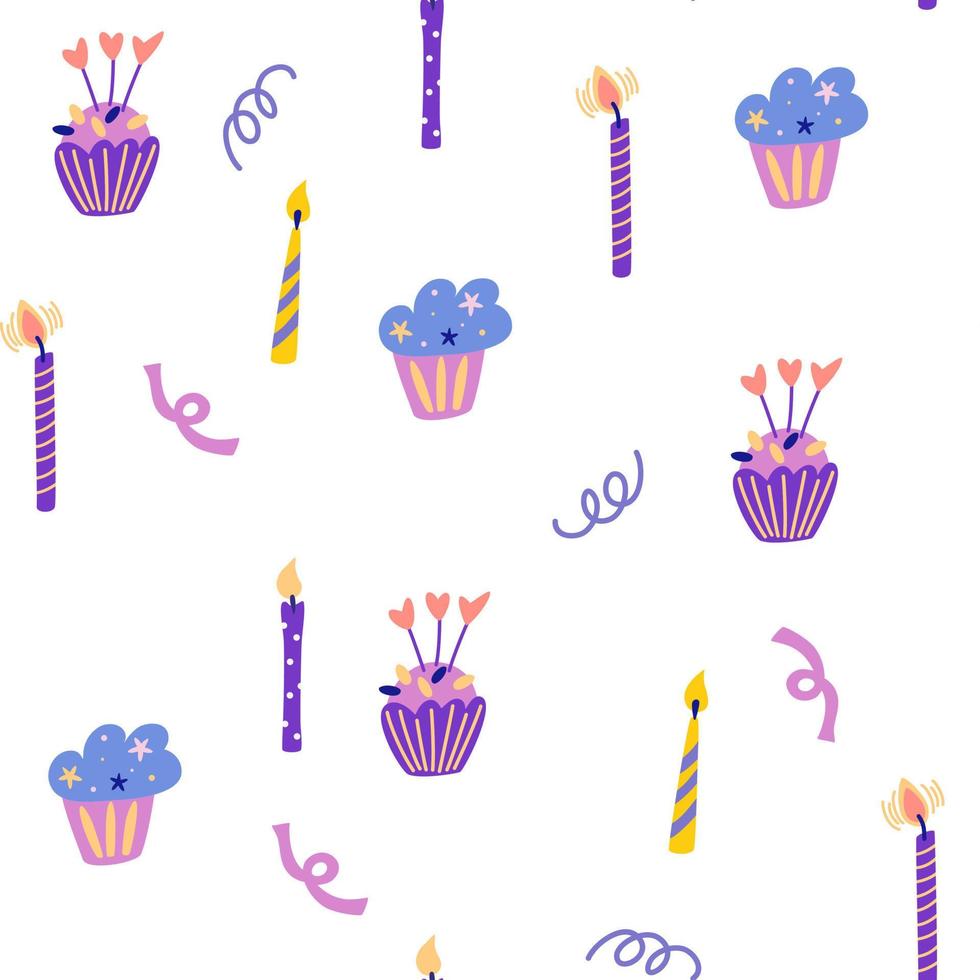 Birthday cake and candles seamless pattern. Good for decoration children party. Great for fabric, textile. Vector cartoon Illustration