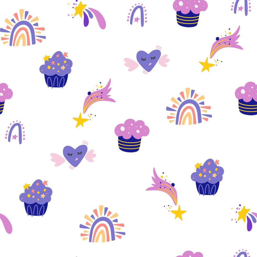 Birthday cake seamless pattern. Rainbow, stars, hearts and cakes. Good for decoration children party. Great for fabric, textile. Vector cartoon Illustration