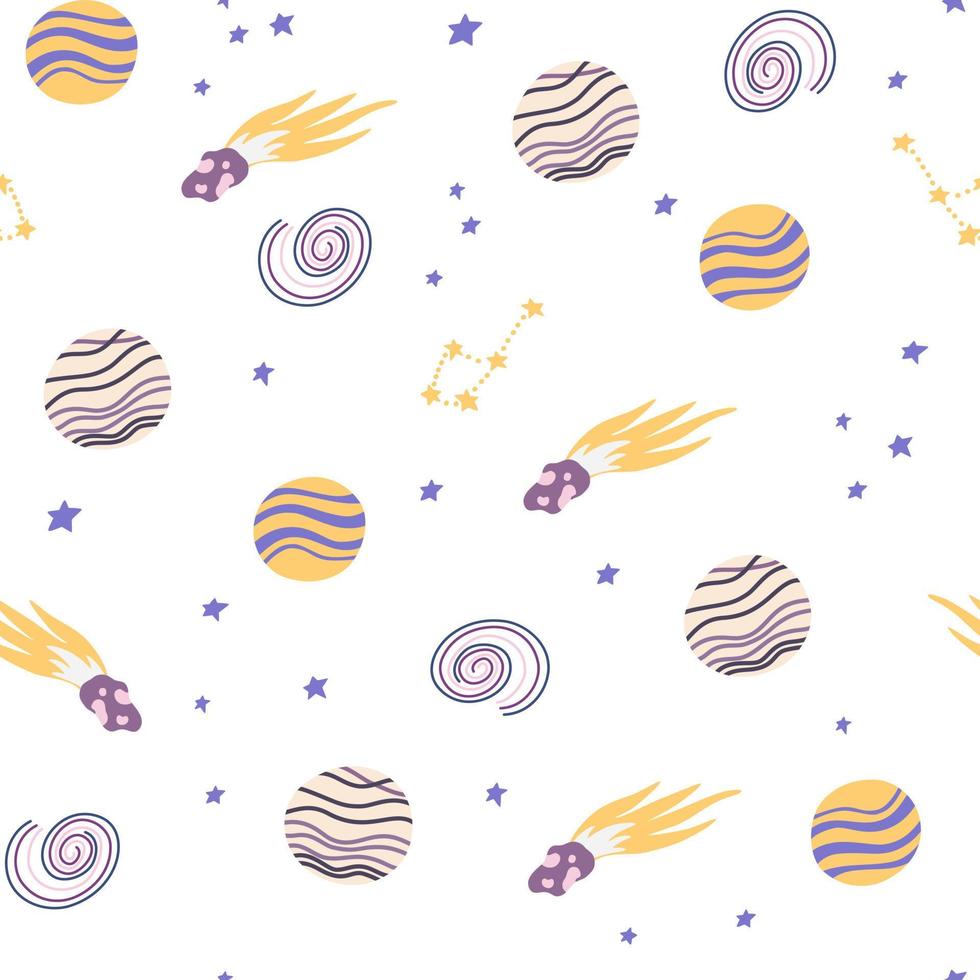 espacio de patrones sin fisuras. cósmico. fondo con estrellas y planetas de dibujos animados. perfecto para diseños infantiles, papel tapiz, textil e impresión. ilustración vectorial dibujada a mano vector