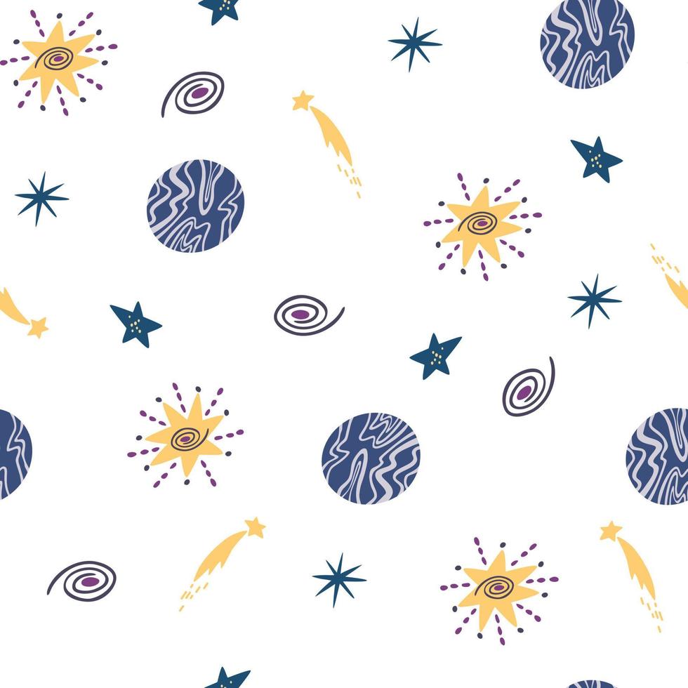 Space seamless pattern. Cosmic. Background with cartoon planets and stars. Perfect for children's designs, wallpaper, textile and print. Vector Hand draw illustration