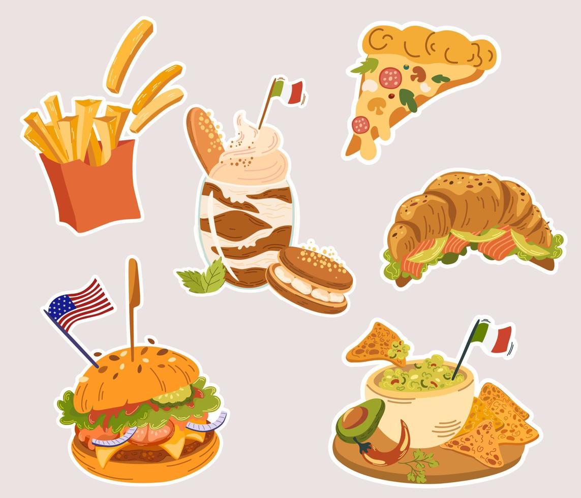 pegatinas de comida pizza, hamburguesa, guacamole, papas fritas, tiramisú y croissant. perfecto para impresión, restaurante, postales y menús. ilustración vectorial de dibujos animados aislada. vector