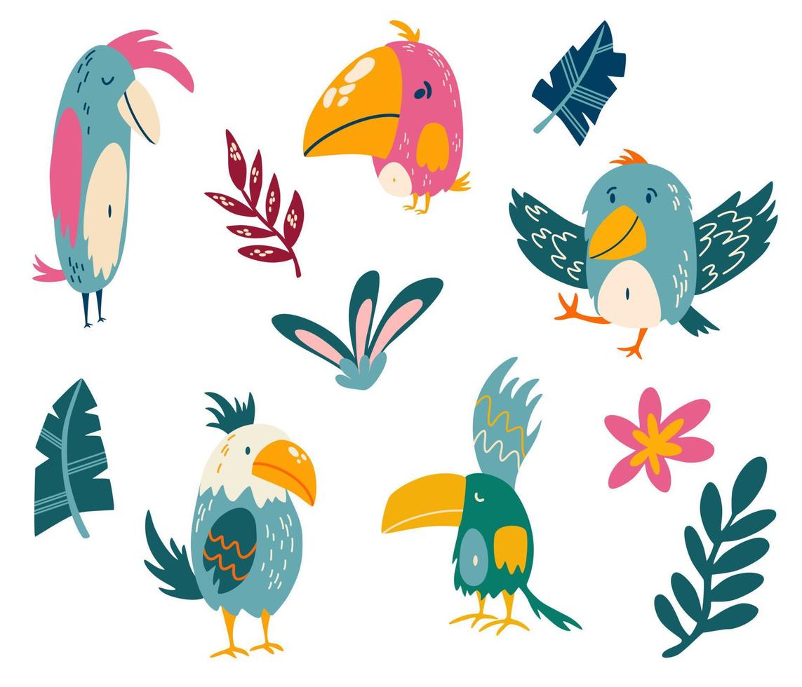 Parrots and tropical leaves set. Exotic birds. Great for children cards, prints and greeting card. Isolated vector clip art illustration.