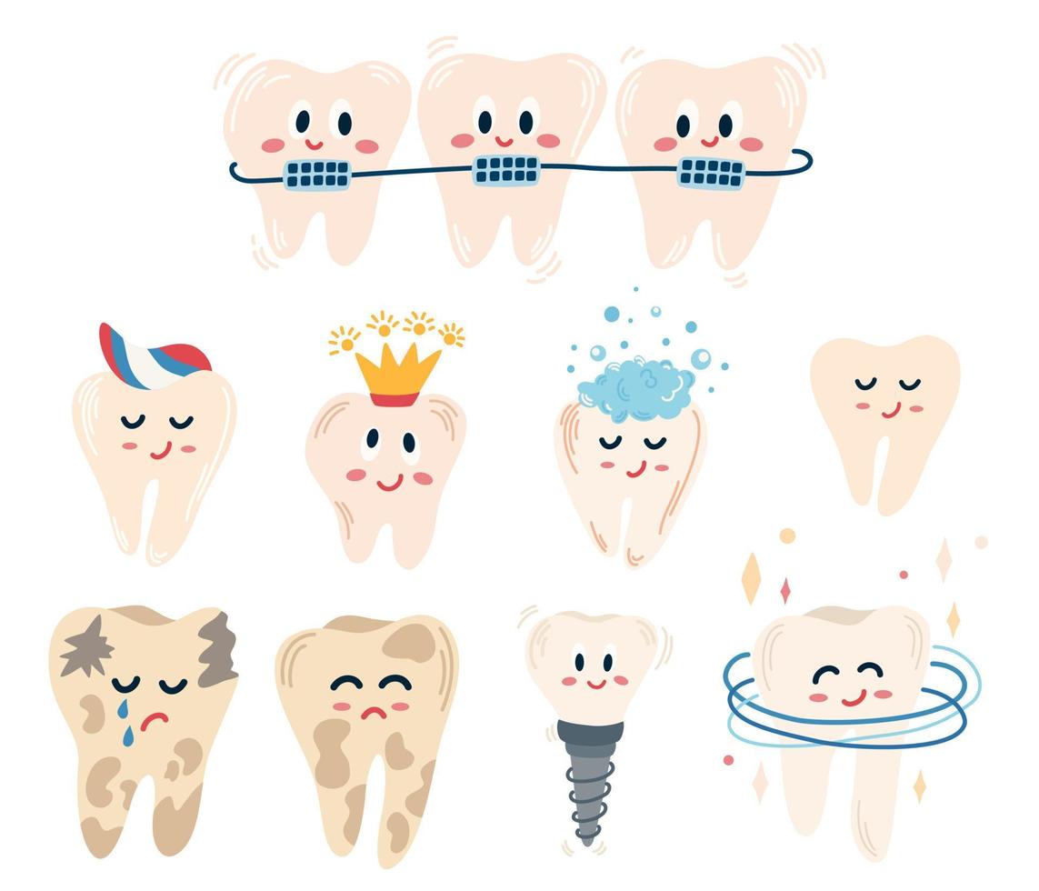 conjunto de dientes limpiar los dientes con pasta de dientes, espuma, corona con aparatos ortopédicos y caries. lindos personajes de dibujos animados de dientes. higiene bucal, limpieza dental. concepto dental para su diseño. ilustración vectorial dibujada a mano vector