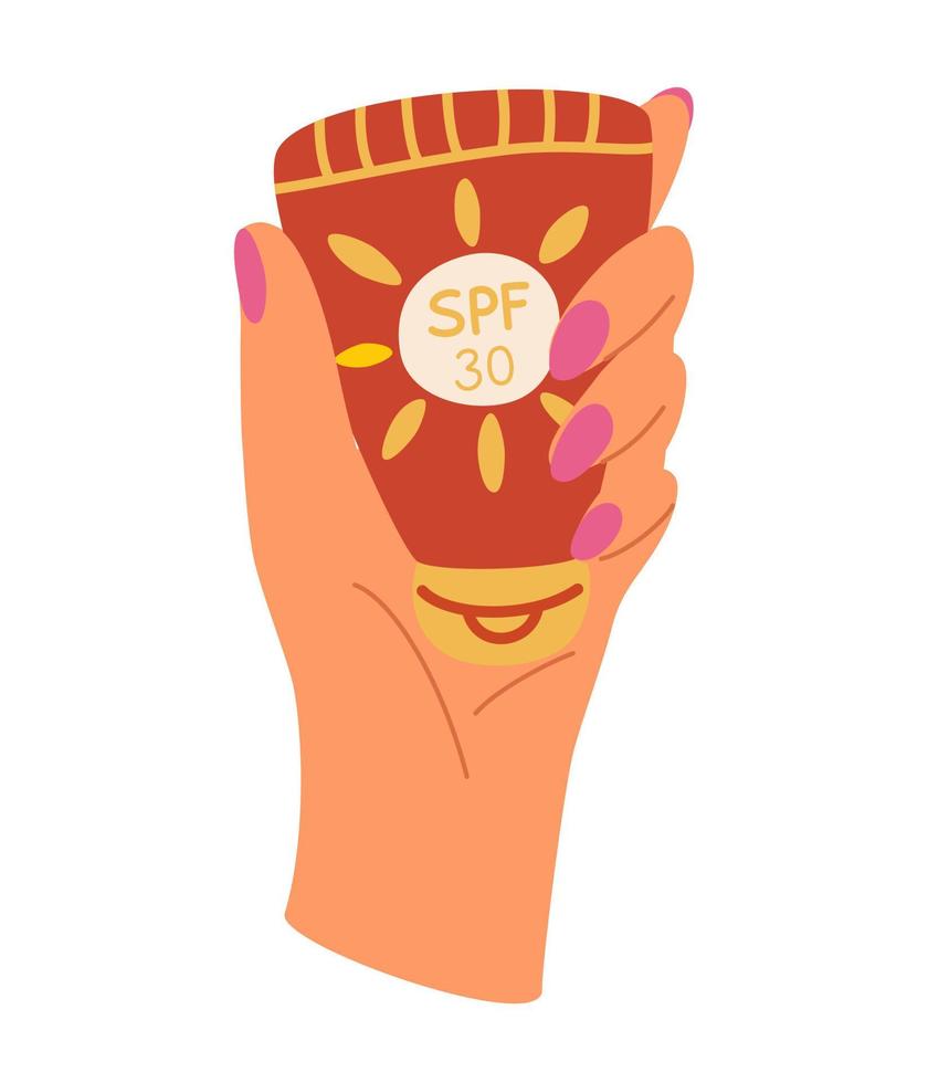Hands with sunscreen cream. tubes and bottles of sunscreen products with SPF. Summer cosmetic. Sunblock, skin protection, skin care products. Vector Hand draw illustration