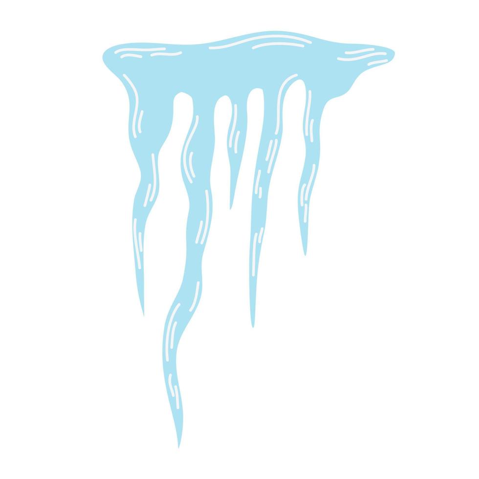 Icicles. Blue frozen icicle cluster hanging down from snow-covered ice surface. Winter frosty weather. Vector Hand draw illustration isolated on the white background.