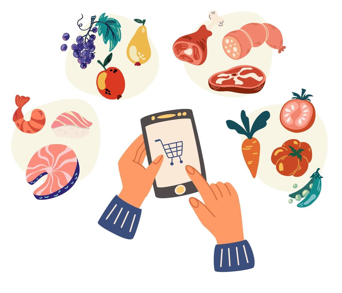 Ordering products by phone. Sharing food online with mobile app. Products for any choice. Healthy food, fish meat vegetables and fruits. Flat vector illustration isolated on white background