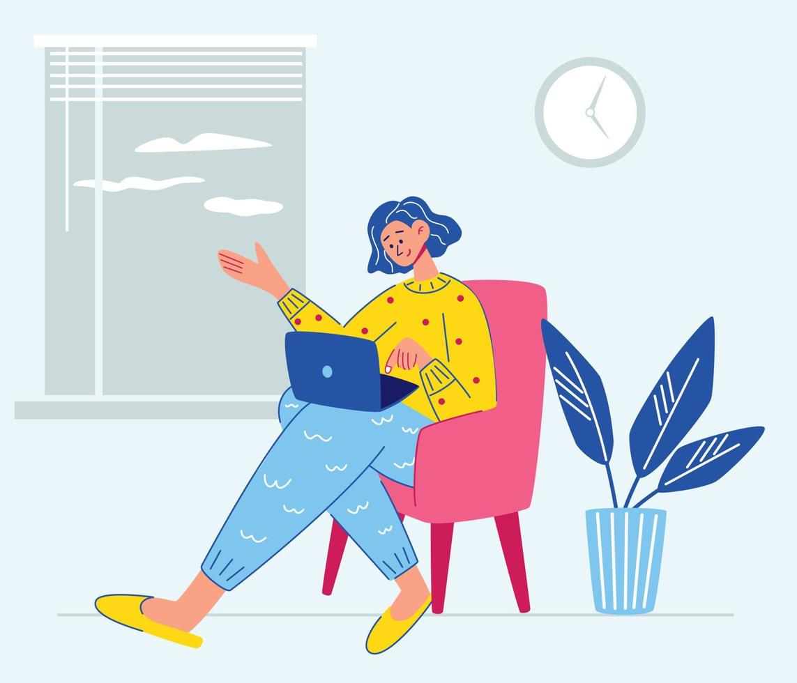Woman works at the computer at home. Young girl with laptop. Freelance or educational concept. Online training, education, virtual communication. Vector cartoon illustration isolated