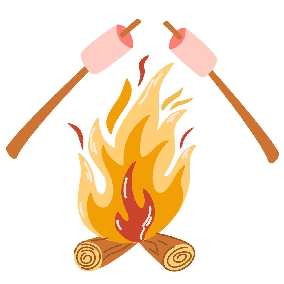 Fried marshmallows on the fire. Bonfire with marshmallow. Sweets roasting on fire. Picnic or camping. Hand drawn vector illustration isolated on white background