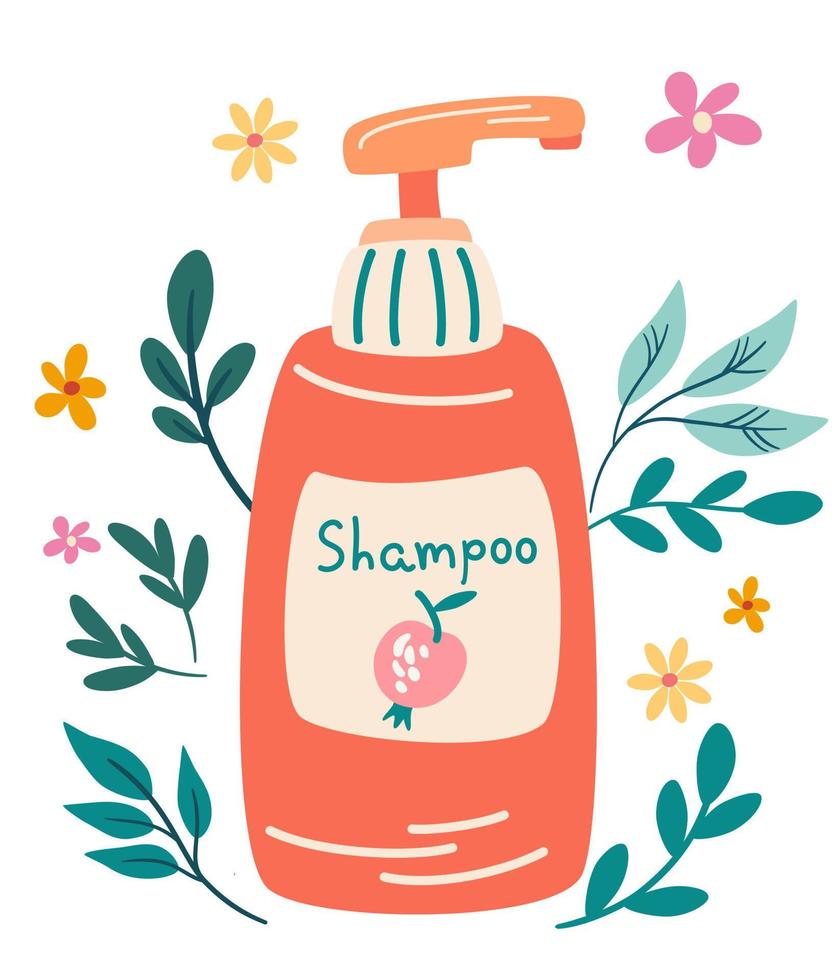 Shampoo. Natural Organic Skin Care Products. Natural shampoo for hair. Cosmetics with herbs for body. Modern vector cartoon illustrations isolated on a white background.