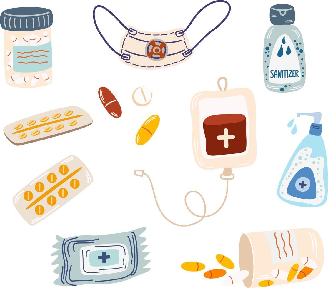 Medicine set. Vitamins, dietary supplements, masks, sanitizer, syringes and enema, Pills. Perfect for printing, textiles, wrapping paper.  Hand drawn vector illustration