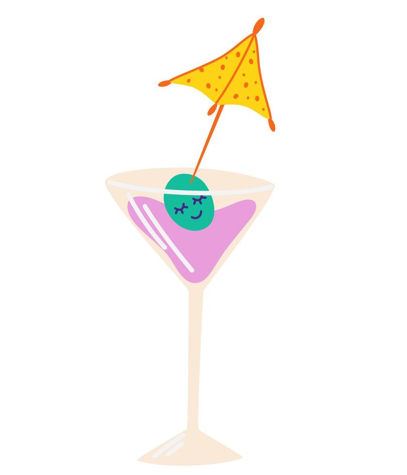 Cocktail. Summer refreshing drink in a glass. Cocktail with olive and umbrella. For printing restaurant menus and stickers. Hand drawn vector illustration