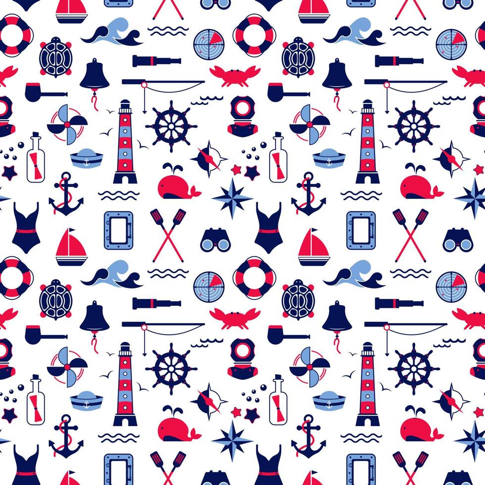 Vector seamless pattern of icons on the theme of the sea, navigation, sea travel. Nautical illustration of objects of navigation, seafaring