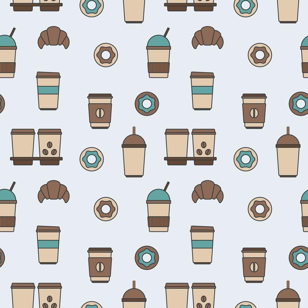 Seamless texture from coffee cups, donuts and croissants, pattern, abstract background, wallpaper vector