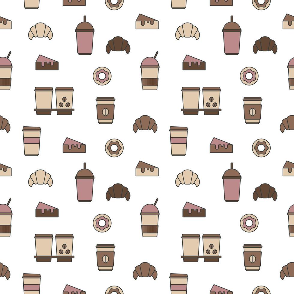 Seamless texture from coffee cups, donuts and croissants, pattern, abstract background, wallpaper vector