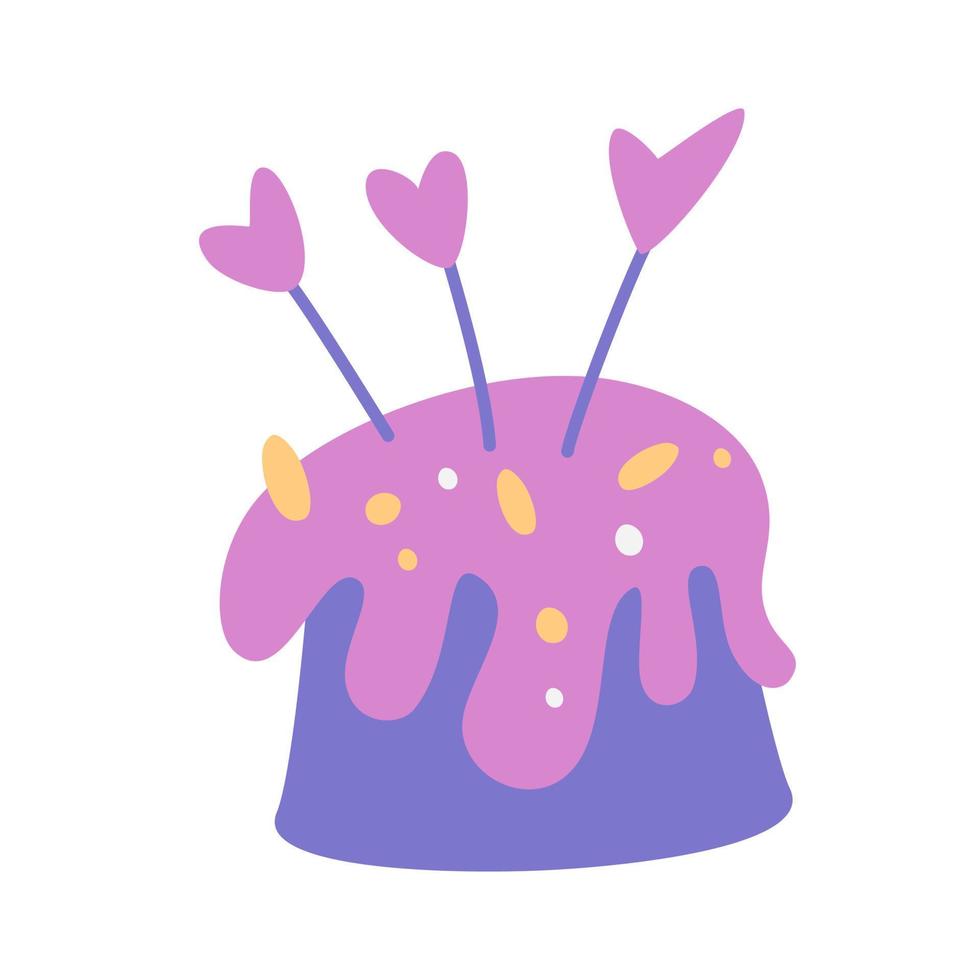 Cupcake with icing. Muffin. Sweet food. Valentine day, romantic, Birthday holiday symbol. Cartoon style dessert. Vector illustration for greeting card, print, stickers, posters design.