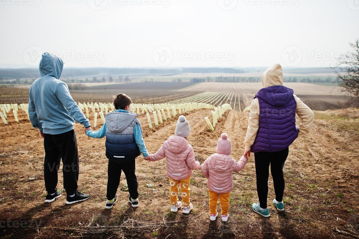 Back of family stand against vineyard in early spring. photo