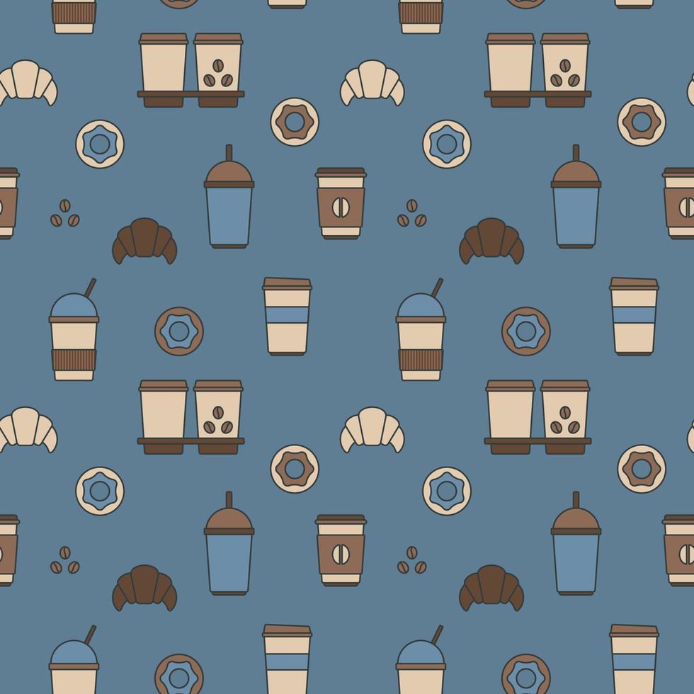 Seamless texture from coffee cups, donuts and croissants, pattern, abstract background, wallpaper vector