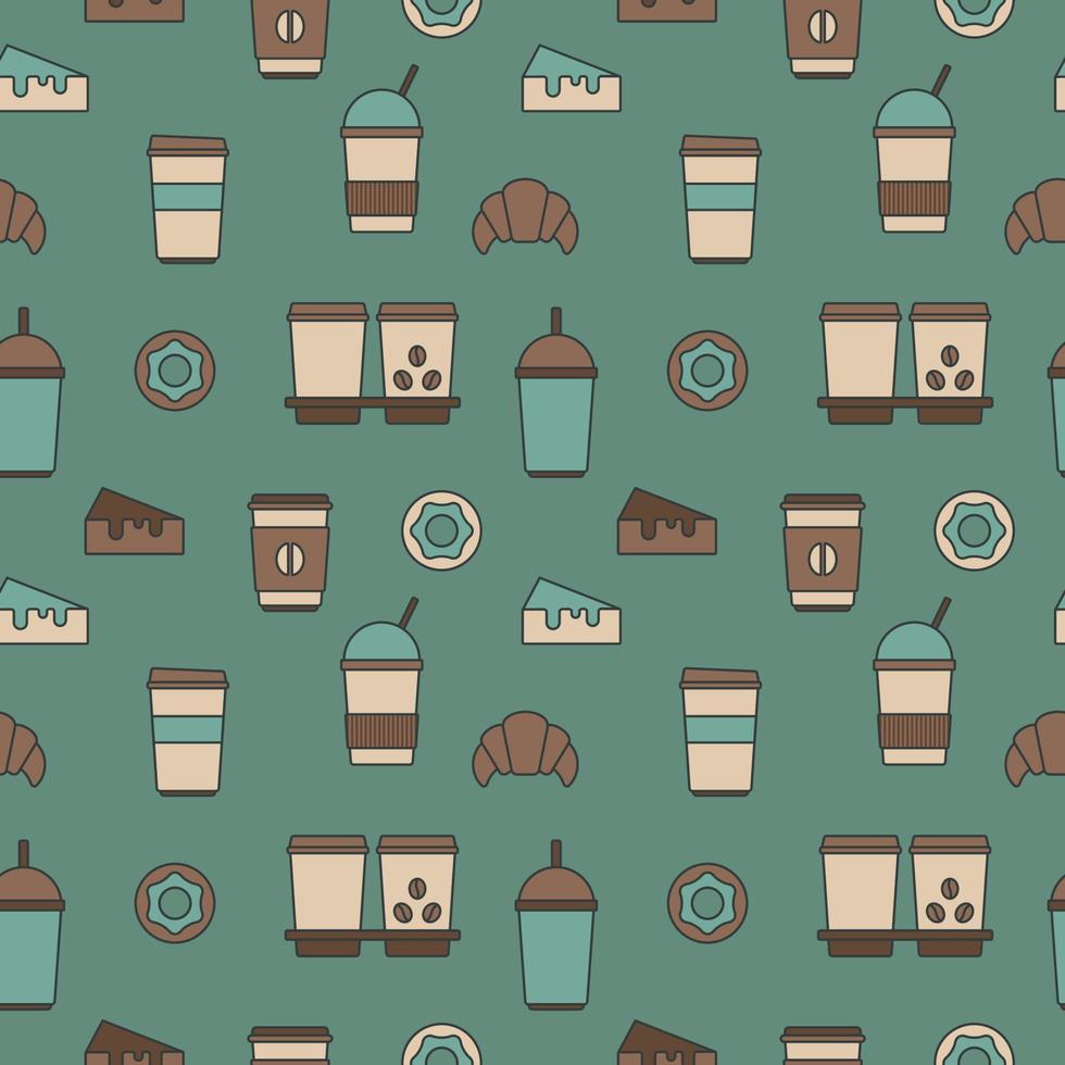 Seamless texture from coffee cups, donuts and croissants, pattern, abstract background, wallpaper vector