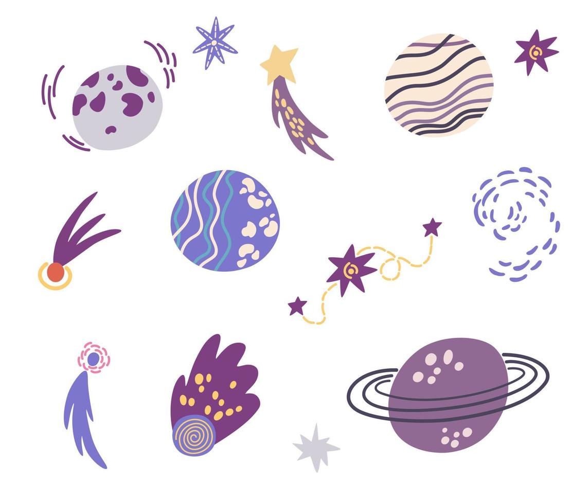 Planets and Shooting stars set. Space objects. Comet tail or star trail. Meteorite, space. Vector Hand draw illustration isolated on the white background.