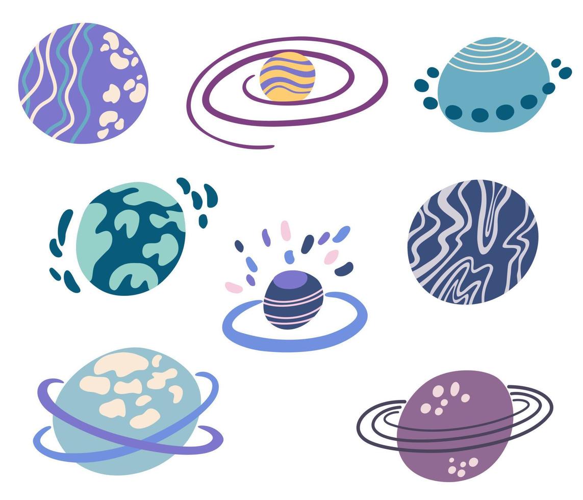 conjunto de planetas. linda galaxia de dibujos animados, espacio, elementos  del sistema solar. elementos de diseño aislados para niños. pegatinas,  etiquetas, iconos, infografías para niños. ilustración vectorial dibujada a  mano 7707199 Vector