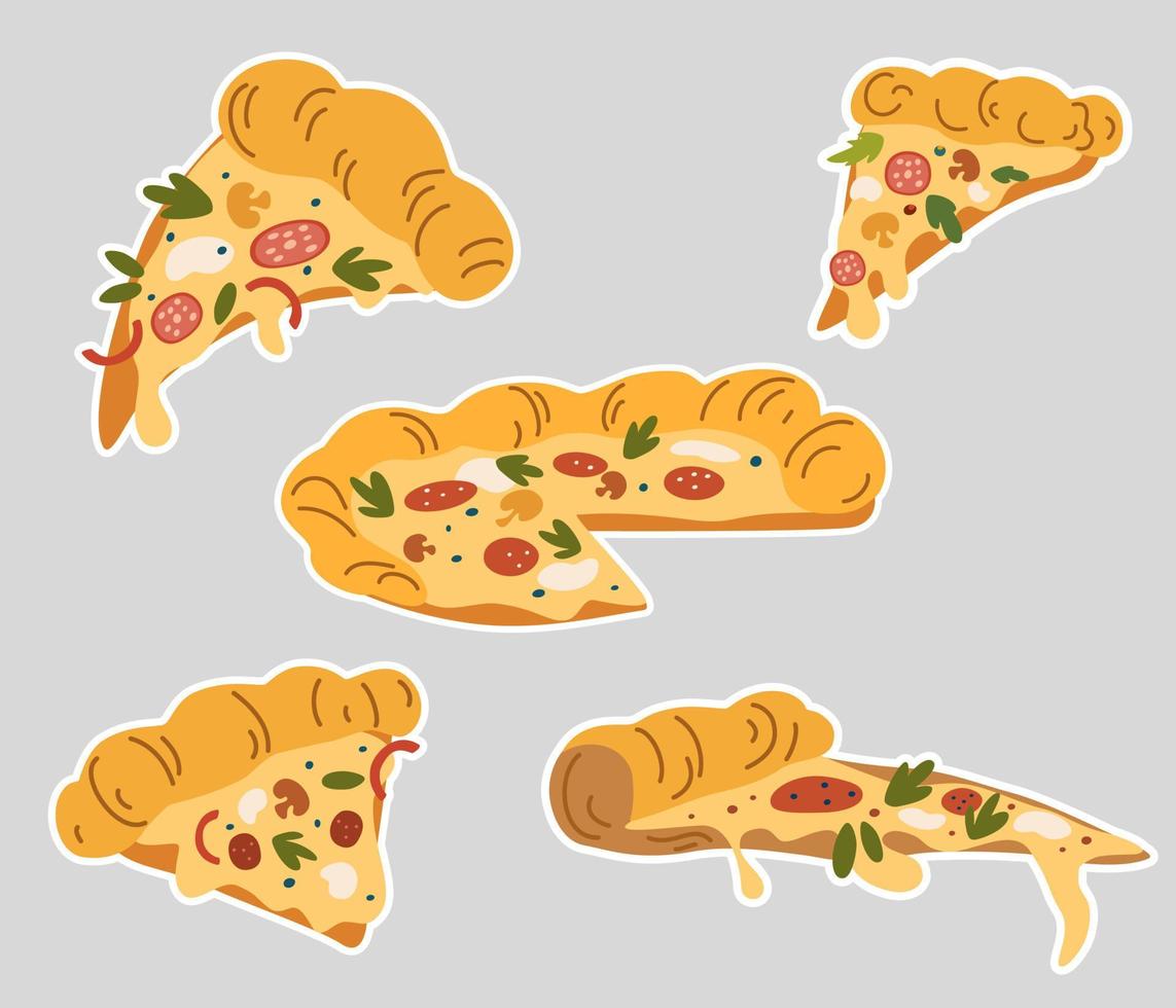 Pizza stickers. Tasty food. Perfect for printing, restaurant, postcards