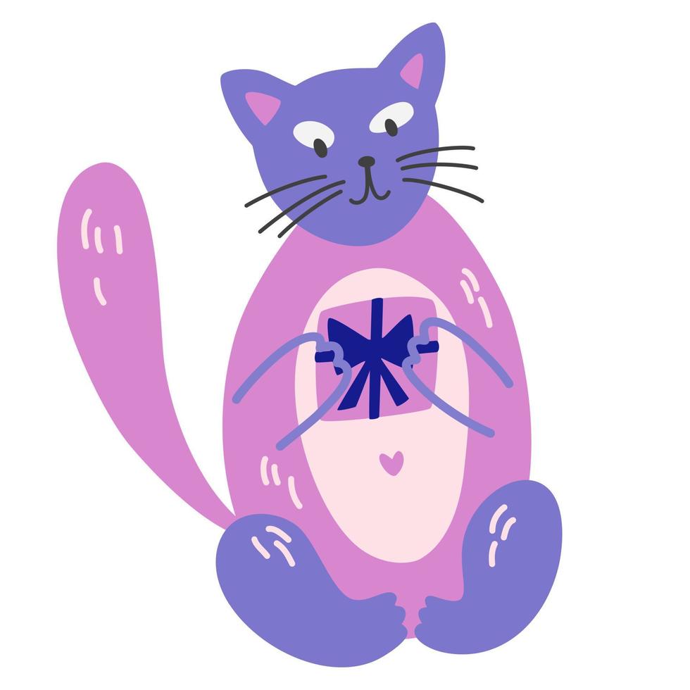 gato con una caja de regalo. gatito lindo divertido con presente. perfecto para vacaciones de cumpleaños y año nuevo. ilustración vectorial dibujada a mano, pancarta o tarjeta aislada en fondo blanco vector