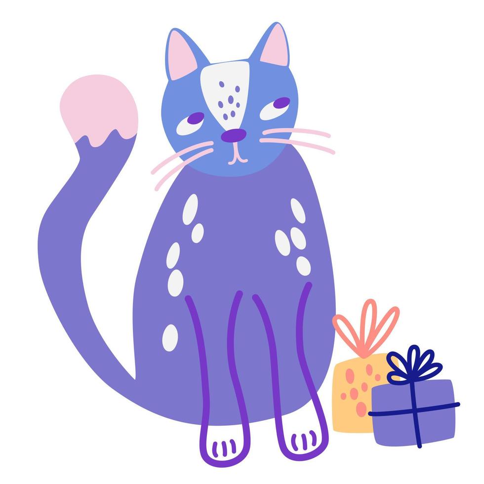 gato con una caja de regalo. gatito lindo divertido con presente. perfecto para vacaciones de cumpleaños y año nuevo. ilustración vectorial dibujada a mano, pancarta o tarjeta aislada en fondo blanco vector